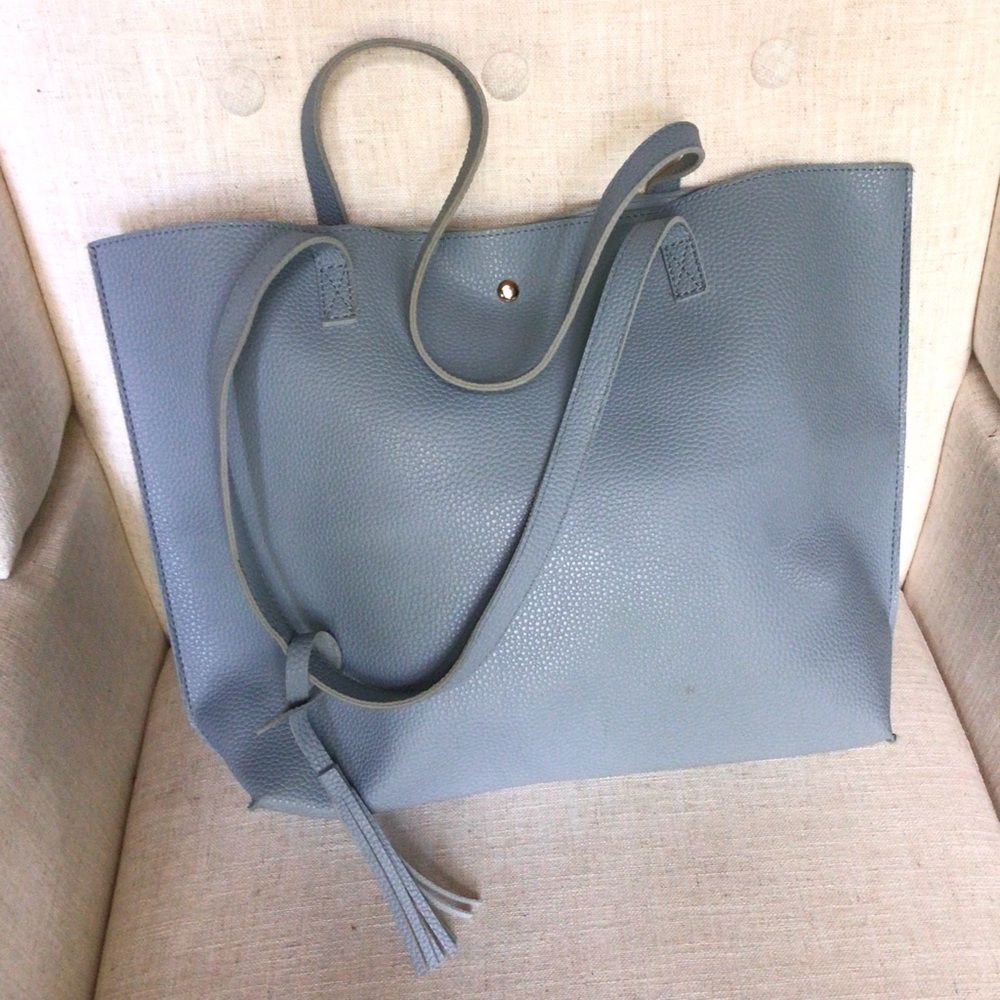Elegant Light Blue Faux Leather Tote Bag